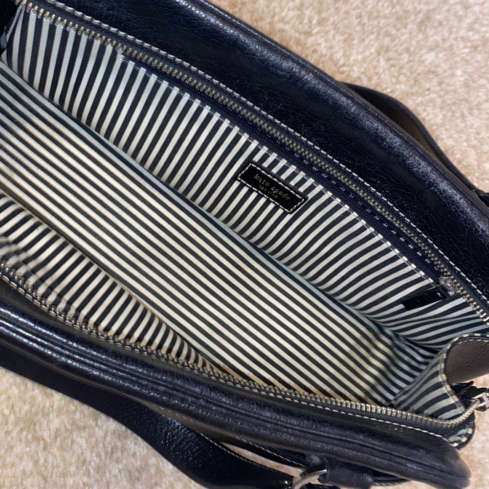 VTG Kate Spade Black Leather Wide Shoulder Silver Hardware Striped Interior Bag - Picture 6 of 13